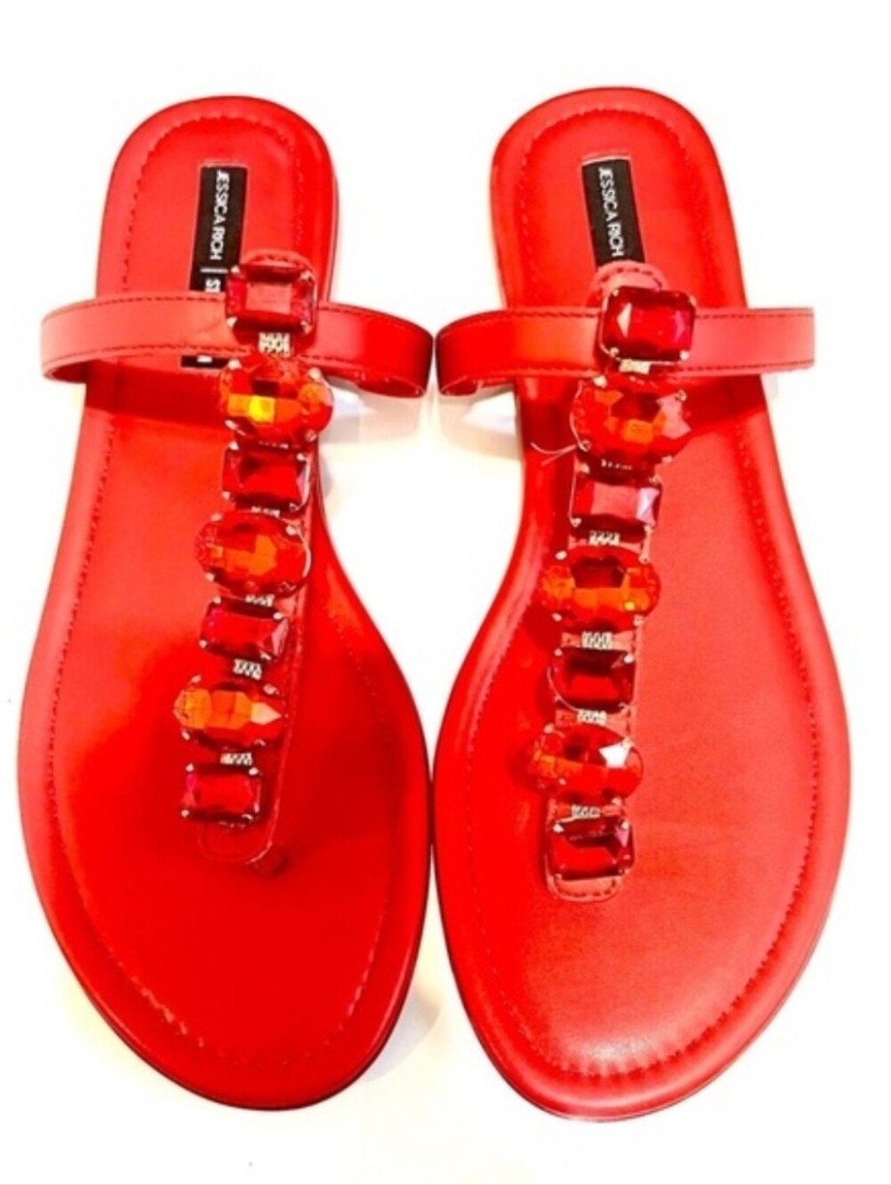 Jessica Rich×Steve Madden Red Jeweled T‑Strap Women's Sandals Size 8.5